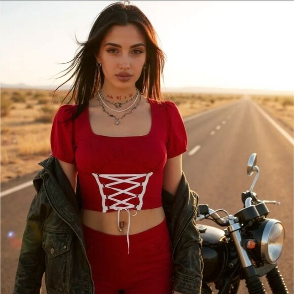 Love Mon Maison Lace-Up Red Crop Top w/ Puff Sleeves & Corset Detail M - Picture 4 of 4